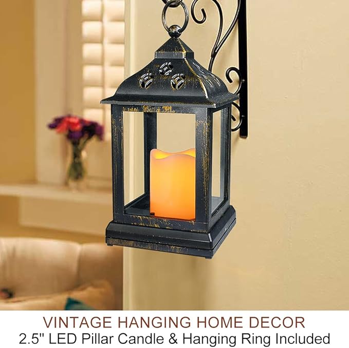 Bright Zeal 2-Pack 9.5" Distressed Bronzes Indoor Candle Lantern with LED Flameless Candle - Battery Operated Lanterns Indoor Decorative Lanterns with Timer Candles
