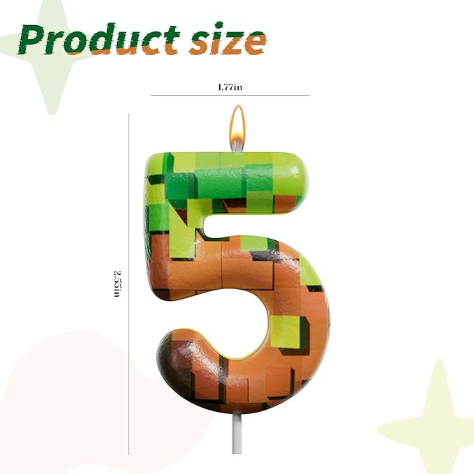 Pixel Miner Number Candle for Birthday Cake - 2.7 Inch Video Game Themed Party Decoration, Dynamite Style Cake Topper for Boys Girls Kids Anniversary Supplies(Retro Art, 5)