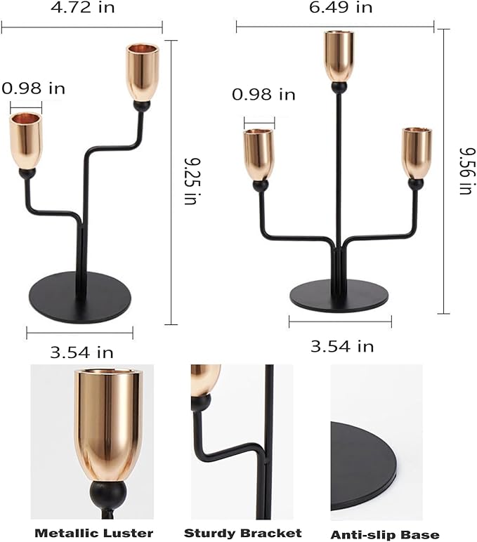 Metal Triple Taper Candle Holder, Modern Gold & Black Candle Holder with Stable Base, Decorative Candle Stand for Home Decor, Wedding, Dining, Party, Anniversary