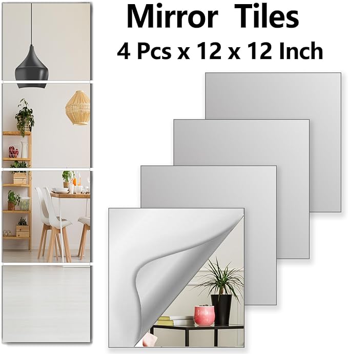 Shatterproof Wall Mirror Full Length for Bedroom, Acrylic Gym Mirrors For Home, Extra Thick: 0.12 inch, 12 x 12 inch x 4 Pcs, Workout Mirrors Safe for Kids, Over The Door, Long Wall Mounted