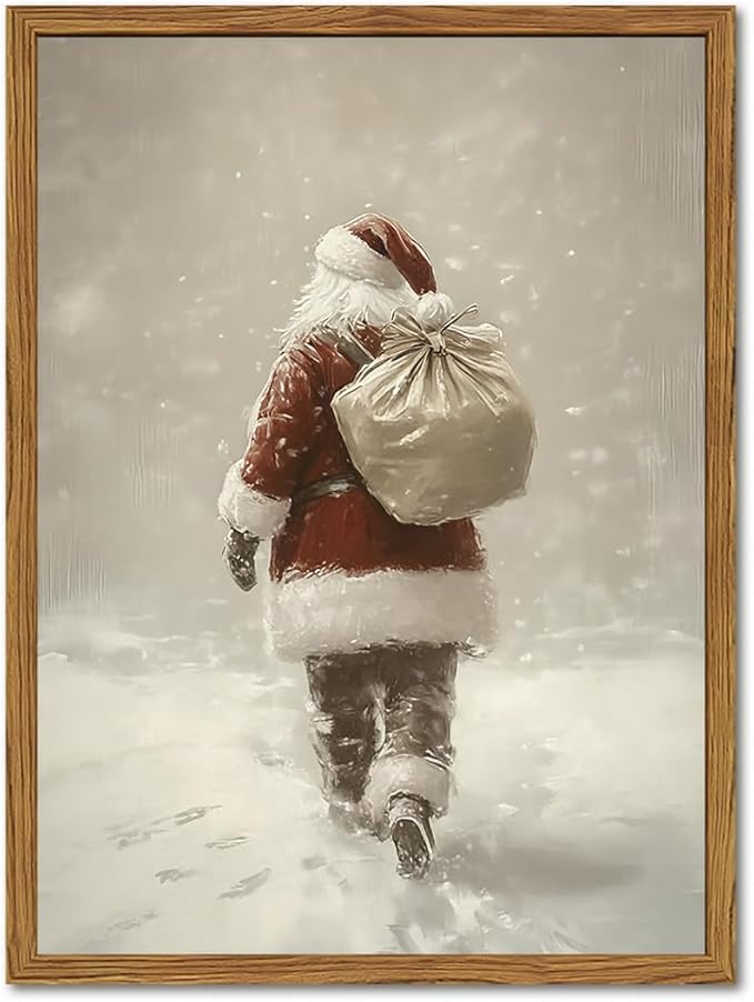 Framed Vintage Christmas Canvas Wall Art, Rustic Santa Claus Walking Snowy Wall Decor Paintings, Winter Holiday Aesthetics Pictures Print Christmas Home Decor for Living Room Bedroom 12×16 inch