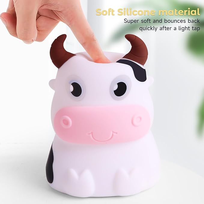 AVEKI Night Light for Kids, Portable Tap Control Nightlight Lamp, 7 Colors Mode, Silicone Cute Animal Cow LED Nursery Night Lamp Bedroom Decor for Baby Infant or Toddler (Cows-Battery Powered)