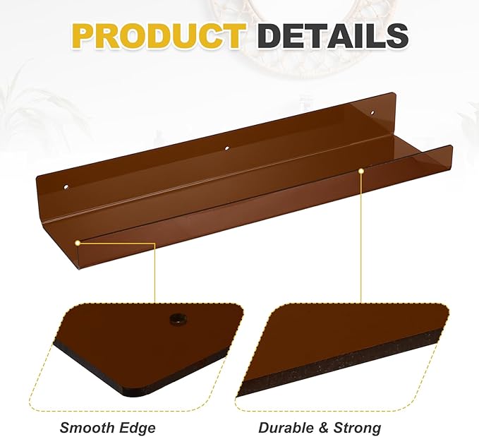 MECCANIXITY 4 Pack Acrylic Shelves for Wall, 15 Inch Brown Floating Shelves Wall Mount Display Shelf Organizer for Bathroom, Bedroom, Living Room, Room Decor