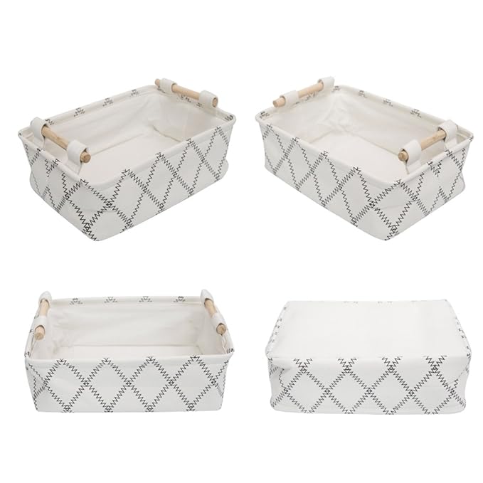 Decorative Collapsible Rectangular Fabric Storage Bin Organizer Basket with Wooden Handles for Clothes Storage,12.6x8.7x4.7 inch,White