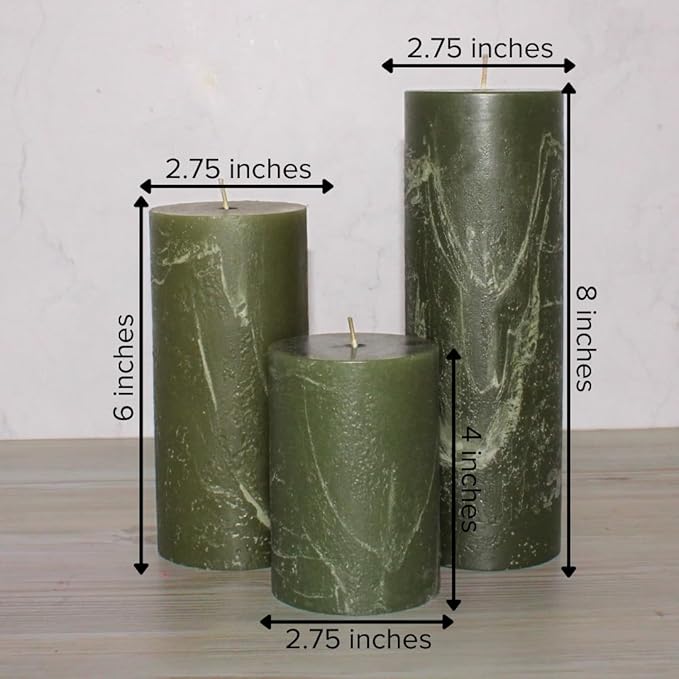 Simply Soson 3x4, 3x6, 3x8 inch Dark Moss Green Pillar Candles, Set of 3 Pillar Candles, Rustic Texture, Unscented Green Candles Dripless Candles Ideal as Wedding Parties Spa Dinner Home Decor Church