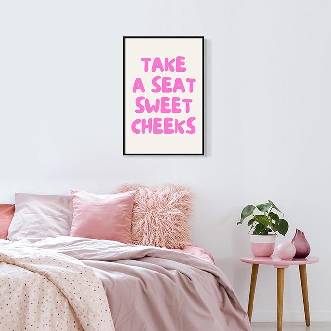 Pink Take A Seat Sweet Cheeks Canvas Wall Art, Cute Quotes Aesthetic Poster for Room, Funny Bathroom Wall Decor, Trendy Girly Light Pink Restroom Picture Print 24x36in Framed