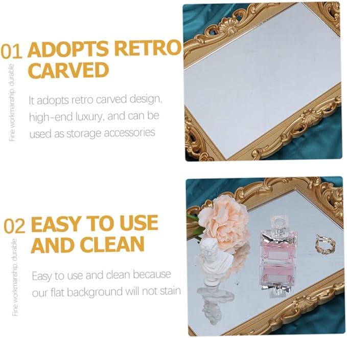 Toyvian Vintage Mirror Tray for Perfume and Jewelry, Glass Vanity Tray with Decorative Mirror Plate, Bathroom and Dresser Organizer for Makeup and Home Décor