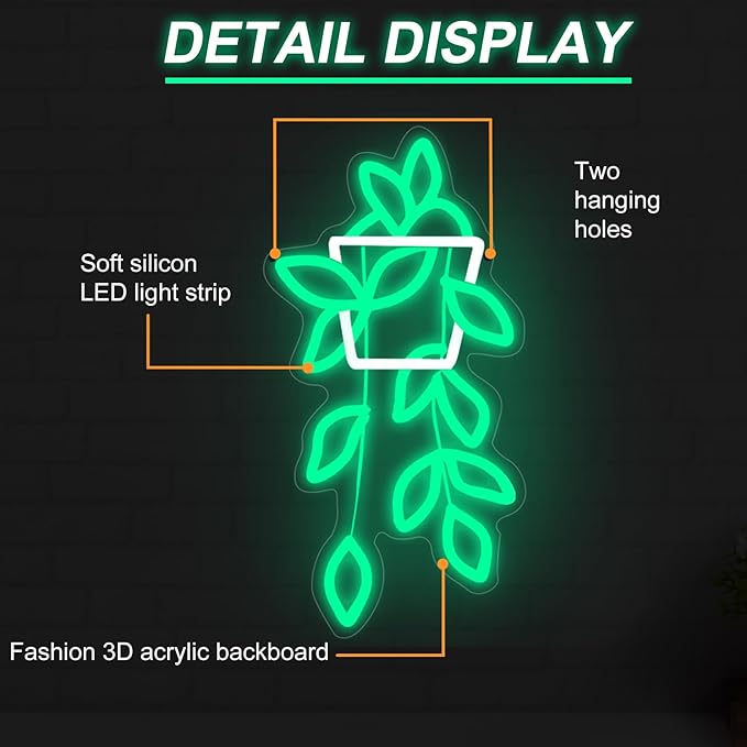 Flowerpot Neon Sign for Wall Decor, USB Light Up Sign for Home Bedroom Party Bar Flower Shop Decor Wedding Birthday Party Gifts for Her Him, 16.5"x8.9"