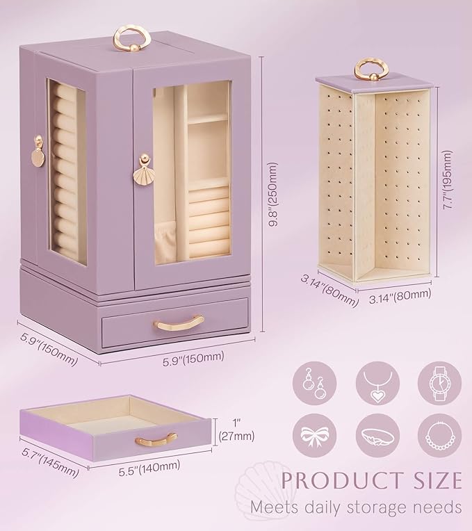 Enthralite Jewelry Box Large for Dresser: Women Necklace Ring Storage Organizer with Compartments - Elegant Earring Holder Display - 360° Rotating Jewelry Organizer with Glass Door