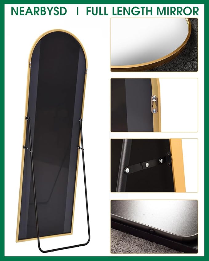 NEARBYSD 58"x18" Arched Full Length Mirror, Floor Mirror With Stand, Freestanding,Wall Mounted Hanging or Leaning Arched-Top Full Body Mirror for Bedroom, Dressing Room -Gold