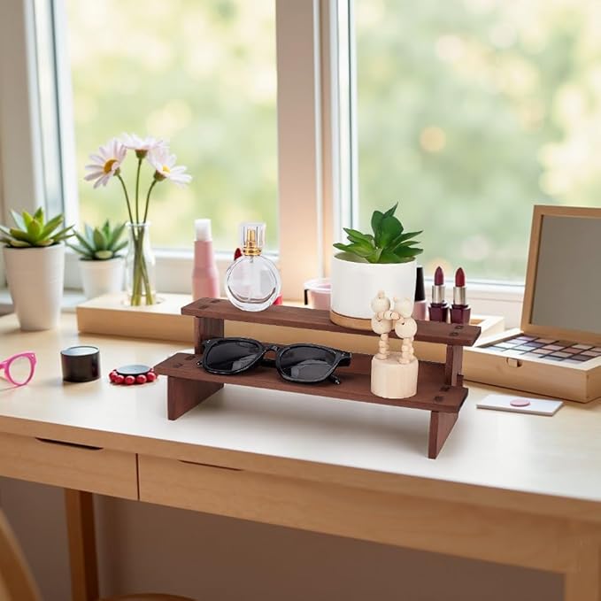 NBEADS 2 Sets 2-Tier Wooden Display Riser Shelf, 11.65x4.69x3.78inch Camel Tabletop Small Food Stand Risers Display Makeup Step Perfume Organizer for Fragrance Cosmetics Figure Collection