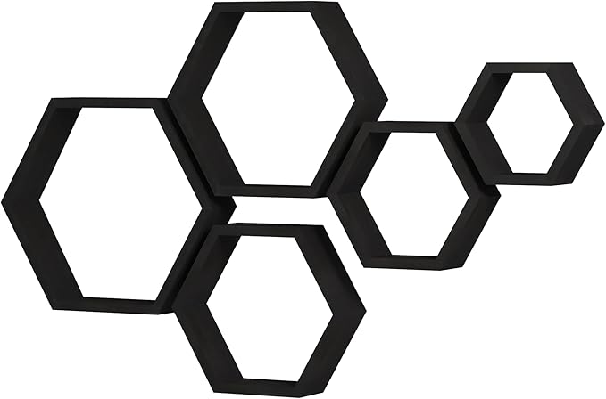 WONFUlity Hexagon Floating Shelves Honeycomb Shelves Wall Mounted Wood Farmhouse Storage Wall Shelf for Bathroom, Kitchen, Bedroom, Living Room,Driftwood Finish Decor, Black