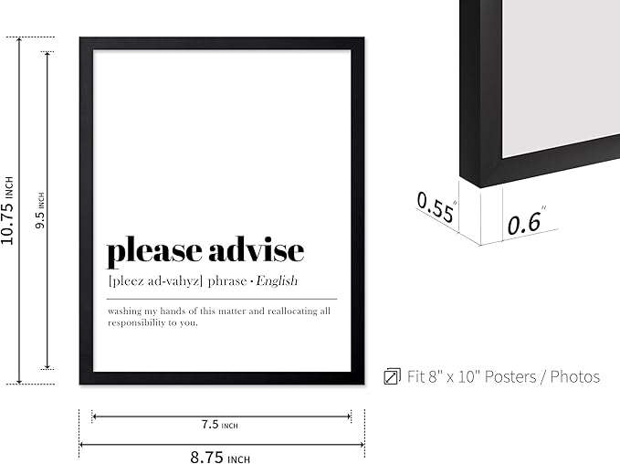 Poster Master Vintage Typography Poster - Retro Dictionary Print - Please Advise Definition, Book Page, Funny - Gift for Colleague, Friend - Wall Decor for Home, Office, 8x10 Black Framed