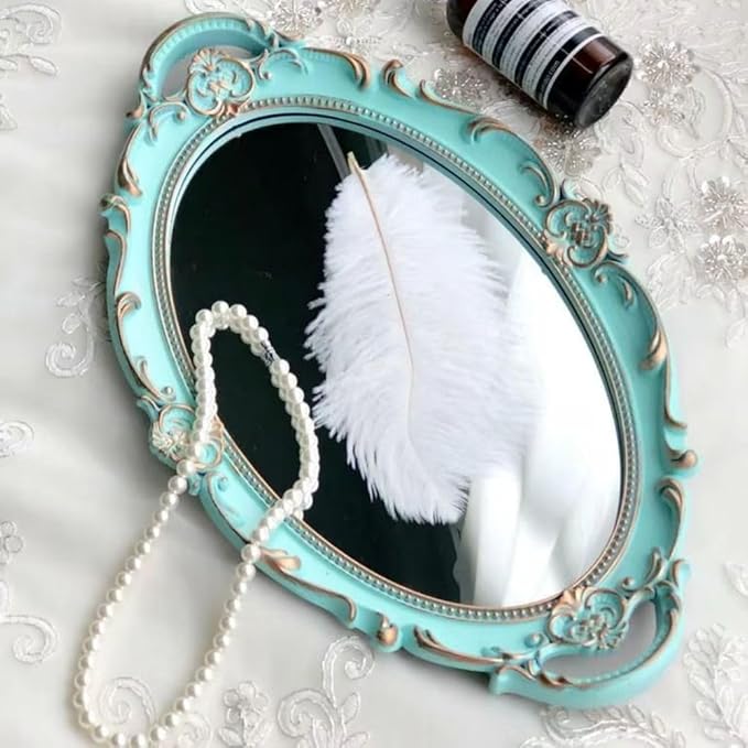 Dresser Organizer Tray, Oval Vintage Decorative Mirror Tray,Cosmetics Makeup Storage Organizer, Decorative Perfume Mirror Trays Serving Trays(Blue)