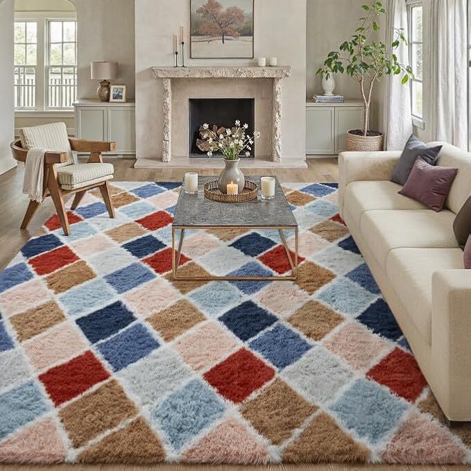 PureCozy 6x9 Checkered Rug for Living Room Rainbow Modern Soft Area Rug Fluffy Non-Slip Carpet for Bedroom Playroom Home Aesthetic Decor