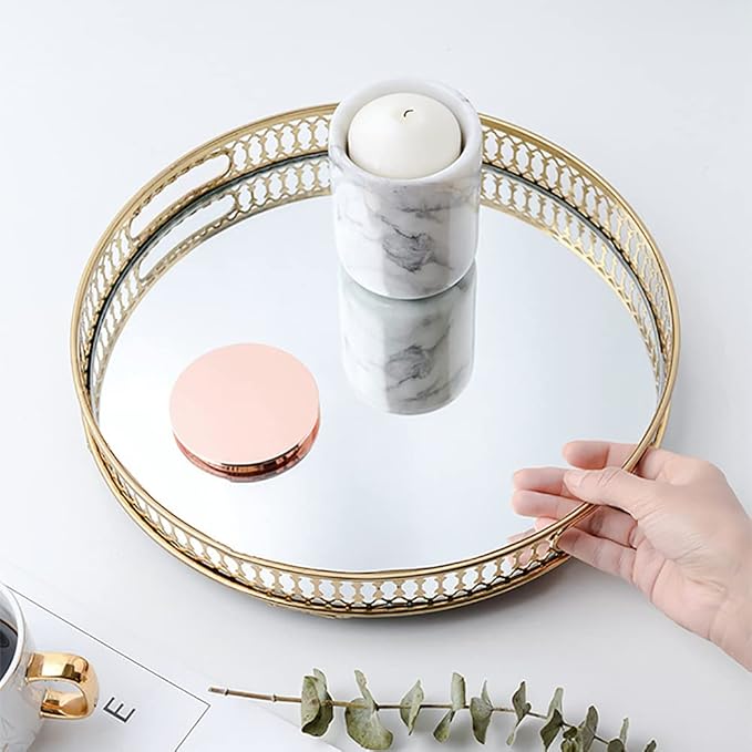 Mirrored Vanity Tray Gold Metal Perfume&Makeup Organizer Vintage Jewelry Display Storage Elegant Table Centerpiece Decorative for Dresser,Bedroom,Home Decor (Round)