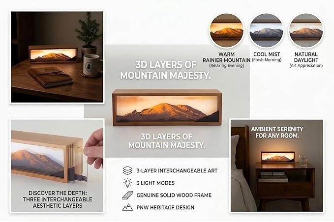 Mount Rainie Led Light Box 3 Layers of Acrylic Light Box - Handmade Table Lamp for Room Decor - National Park Travel Signs Travel Gift