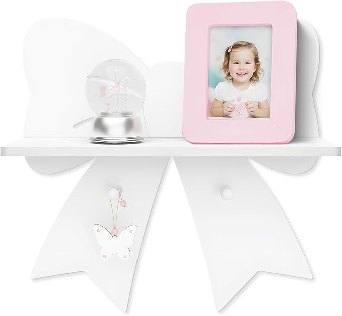 Bow Shaped Floating Shelf with Hooks - Cute White Wooden Wall Decor for Girls Nursery & Bedroom, Trinket Display Organizer