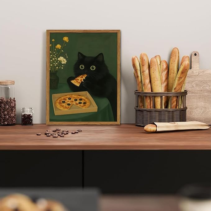 Funny Black Cat Wall Art Whimsical Black Cat Eating Pizza Wall Decor Cute Animal Dark Green Kitchen Poster Canvas Prints for Bedroom Living Dining Room 12x16 inch Wood Framed