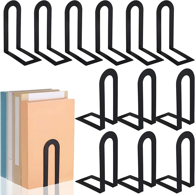 Chunful 12 Pcs Black Modern Metal Book Ends for Shelves Decorative Small Bookends Book Shelf Organizer Minimalist Design Stopper to Hold Books for Home Office (5.5 * 3.75 * 2.25inch)