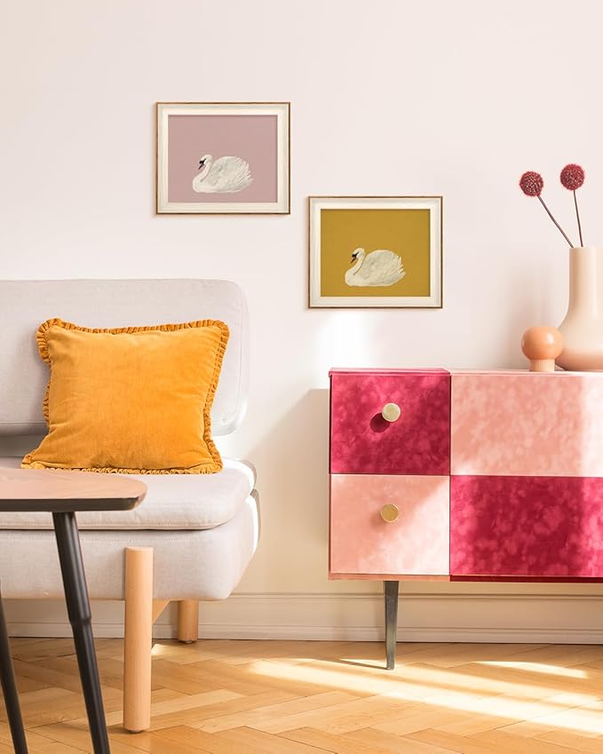 VIYYIEA Framed Wall Art for Living Room, Swan Canvas Prints, Pink Home Decor, Animals Painting Picture, Bathroom Wall Decor Gifts for Friends or Family -【Swan Pink】-(12L x 10W)
