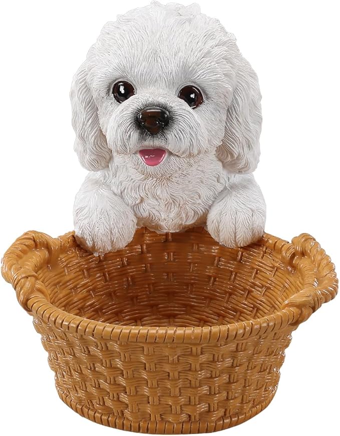 Dog Resin Storage Basket, Desktop Organizer for Remote & Keys, Cute Home Decor Tray, Ideal present for Pet Lovers.(White Bichon Frise)