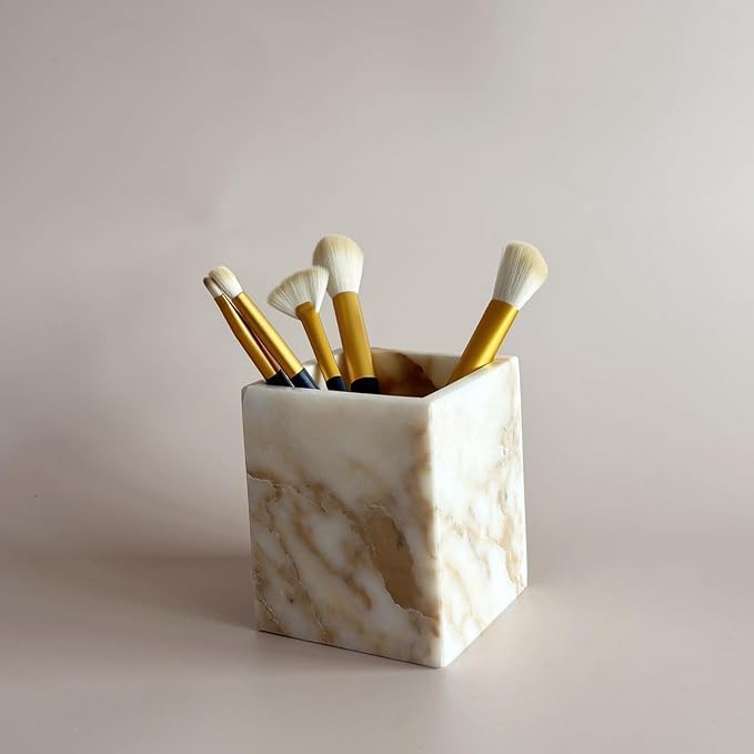 Natural Marble Stone Square Storage Container Empty Vessel Holder Cup for Candle/Pens/Sundries items (Gold)