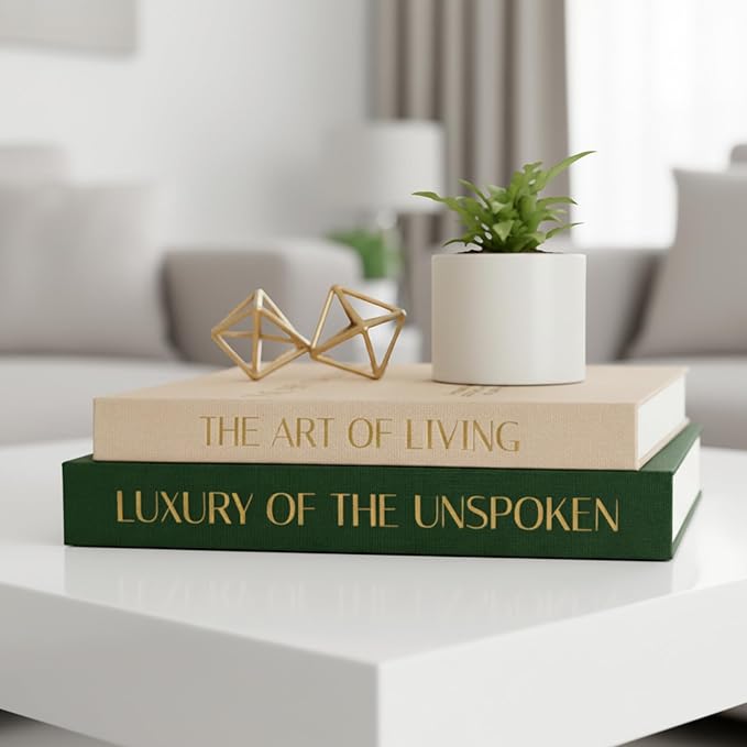 Decorative Books for Home Decor (Set of 2), Linen Fake Books for Decoration, Home Decor for Coffee Table Book, Fake Book Decor Aesthetic Set, Photo Storage and Keepsake Box (Beige + Green)