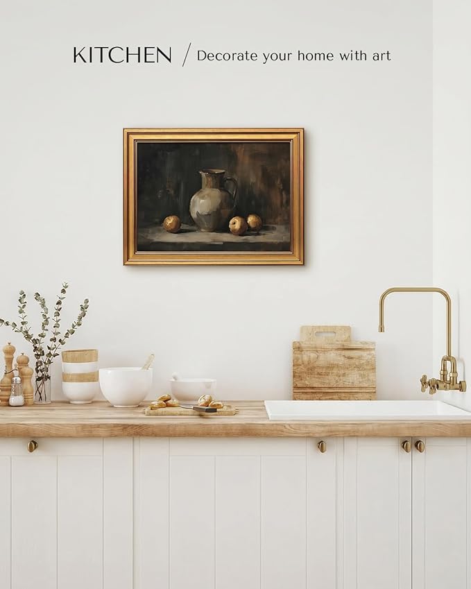 HUARCEY Gold Framed Vintage Wall Art for Living Room, Fruits Painting Prints Shelf Decor for Kitchen, Aesthetic Bedroom Wall Art, Best Gifts for Friends or Family - Ceramic and Fruit 16L x 12W