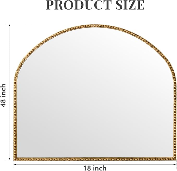 Arched Gold Decorative Wall Mirror 28"x35" Vintage Beaded Frame for Bathroom, Bedroom & Living Room