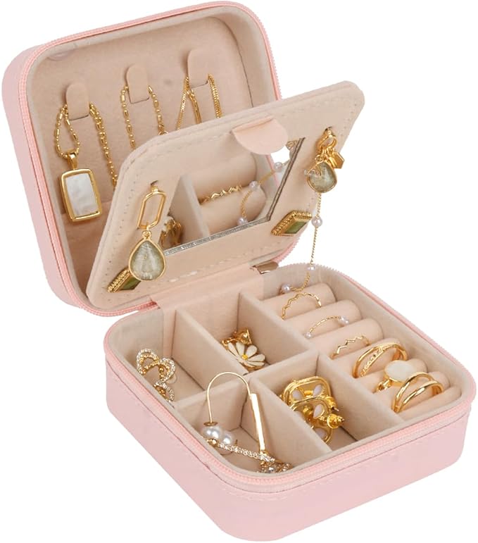 OceeK Travel Jewelry Case Box with Mirror,Travel Jewelry Box Organizer Holder Stocking Stuffers,Pink,1 Pack