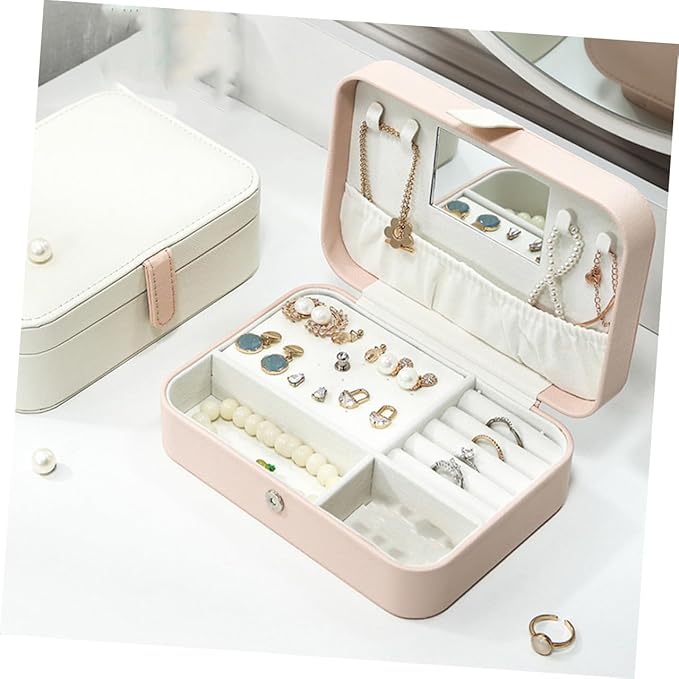 Healeved Portable Jewelry Box with Mirror, Pu Pink Necklace and Earring Holder, Rings Organizer and Cosmetics Storage Case for Women Travel and Daily Use