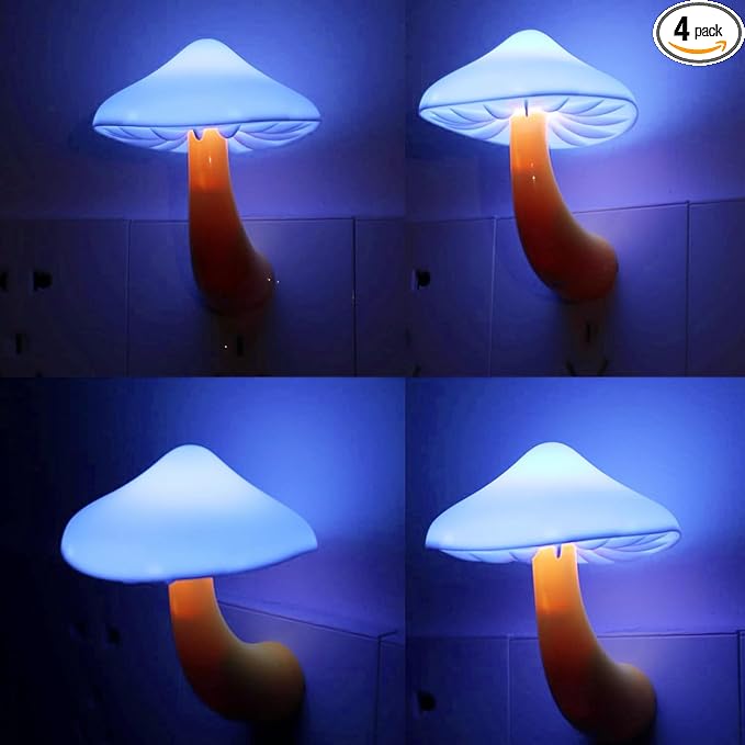 AUSAYE 4 Pack Plug in Night Light, Mushroom Light LED Nightlights for Kids, Adults, Bedroom, Bathroom,Hallway, Stairs, Kitchen Blue