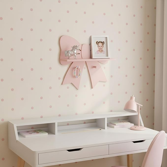 Bow Shaped Floating Shelf with Hooks - Cute Pink Wooden Wall Decor for Girls Nursery & Bedroom, Trinket Display Organizer