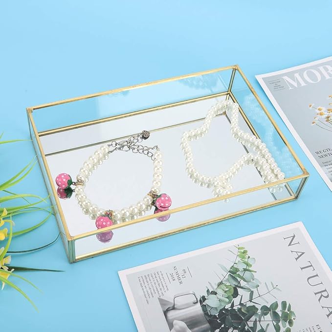 Hapivida Golden Vintage Glass Box, Vintage Glass Jewelry Organizer Box, Clear Glass & Brass Metal Storage Jewelry and Cosmetic Makeup Case Holder Organizer(Large)
