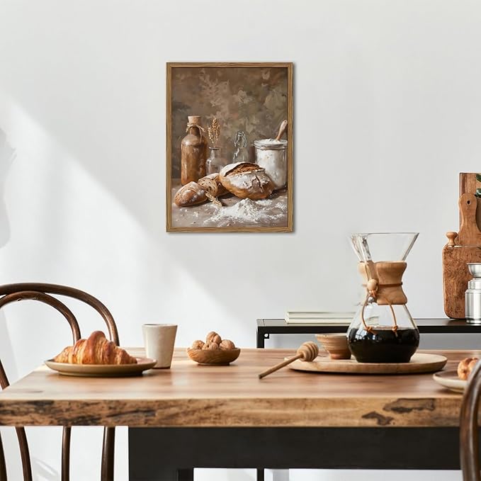 Framed Vintage Kitchen Wall Art, Rustic Bread and Flour Pictures Wall Decor Paintings, Farmhouse Food Poster Canvas Prints Country Home Decor for Dining Room Living Room Bakery 12x16 inch