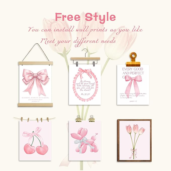 Pink Bows Bible Verse Christian Canvas Wall Art Set of 9, Trendy Posters Prints Wall Decor, Cute Coquette Preppy Girls Aesthetic Room Decor Gifts for Bedroom Living Room Home Decor 8x10inch Unframed