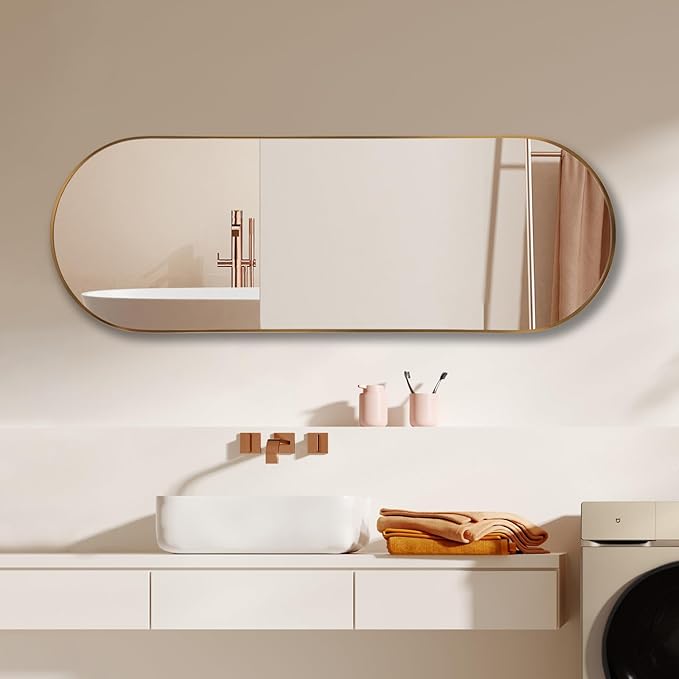 Niccy 65"×22" Oval Full Length Mirrors, Long Wall-Mounted Mirror with Aluminum Frame, Large Body Mirrors for Living Room, Explosion-Proof Hanging Wall Mirror for Bathroom Bedroom Entryway Decor, Gold