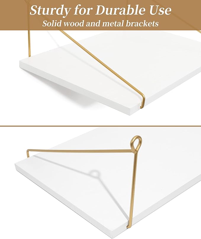 Afuly 12 Inch Deep Floating Shelves for Wall, Gold White Wall Mounted Shelves, Hanging Storage Shelves for Bathroom Kitchen Bedroom, Solid Wood Chic Bookshelves, Set of 2
