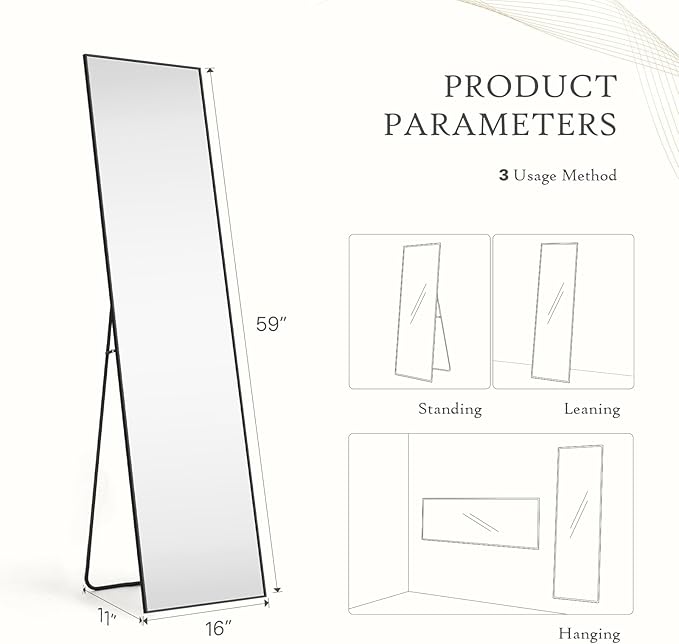 Mirror Full Length, Upgraded Body Wall Mirrors with Shatter-Proof Glass, Floor Standing, Hanging or Leaning, Tall Mirror with Stand Aluminum Alloy Frame for Bedroom