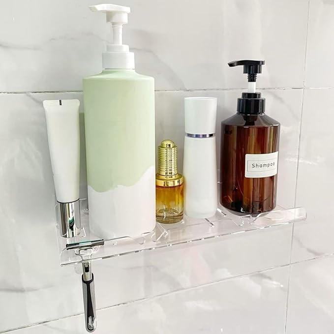 Acrylic Bathroom Shelves, 2 Pack, 12 inch, Adhesive Shower Shelves, Clear Wall Shelf, Rental Friendly,No Drill, Shower Caddy for Perfume, Cosmetics, Skincare