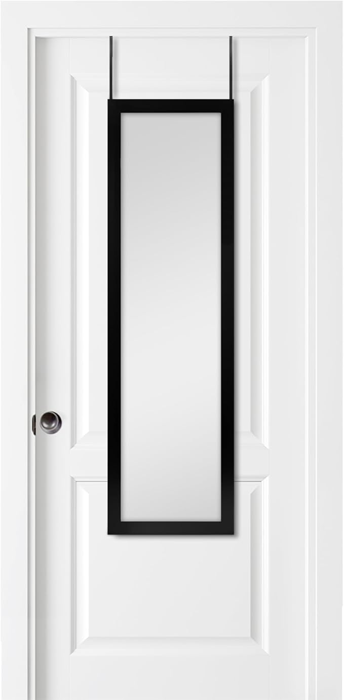 MCS 14.7x50.7 Black Over The Door Mirror, Full Length Hanging Mirror for Bedroom & Bathroom Doors, Lightweight Design with Patented No Tools Required Hanging System