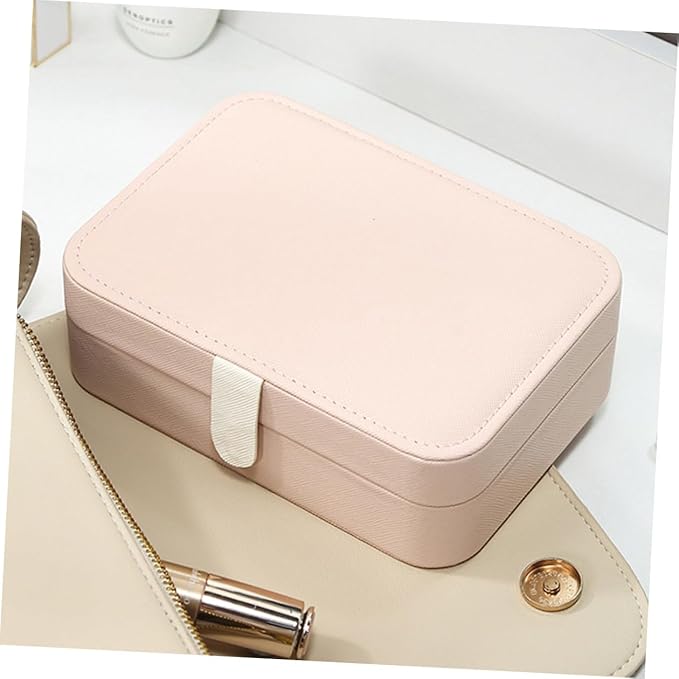 Healeved Portable Jewelry Box with Mirror, Pu Pink Necklace and Earring Holder, Rings Organizer and Cosmetics Storage Case for Women Travel and Daily Use