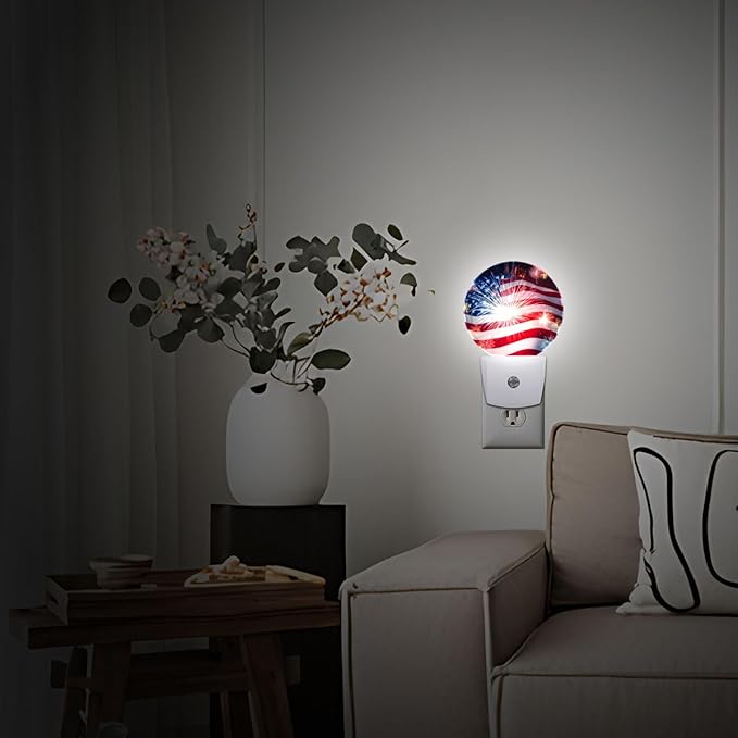 USA Flag Firework Night Light Auto Sensor Led Dusk to Dawn Lamp Home Decor for Men Women
