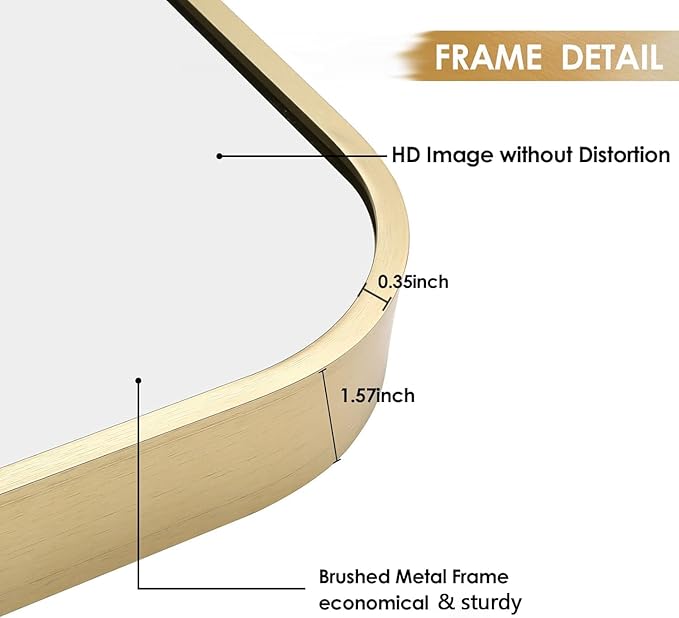 30x36 Inch Gold Bathroom Mirror, Brushed Gold Metal Framed Rectangular Mirror with Rounded Corner, Bathroom Vanity Mirror for Bedroom or Living Room, Horizontal/Vertical