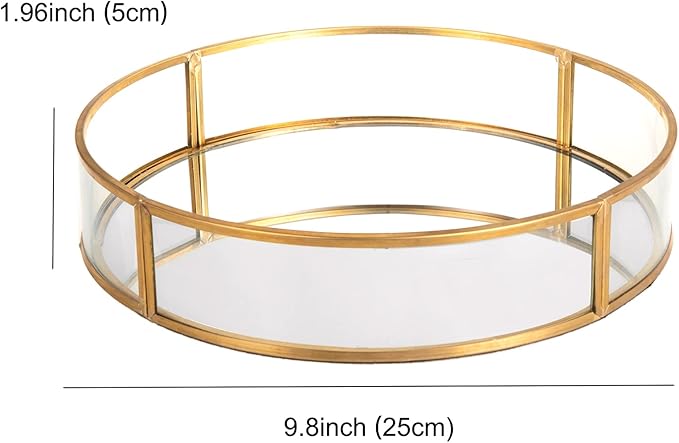 Feyarl Gold Round Clear Glass Mirror Perfume Display Decorative Tray Make up Vanity Jewelry Organizer Tray Ornate Cosmetic Tray for Home Decor Dresser Tabletop Countertop