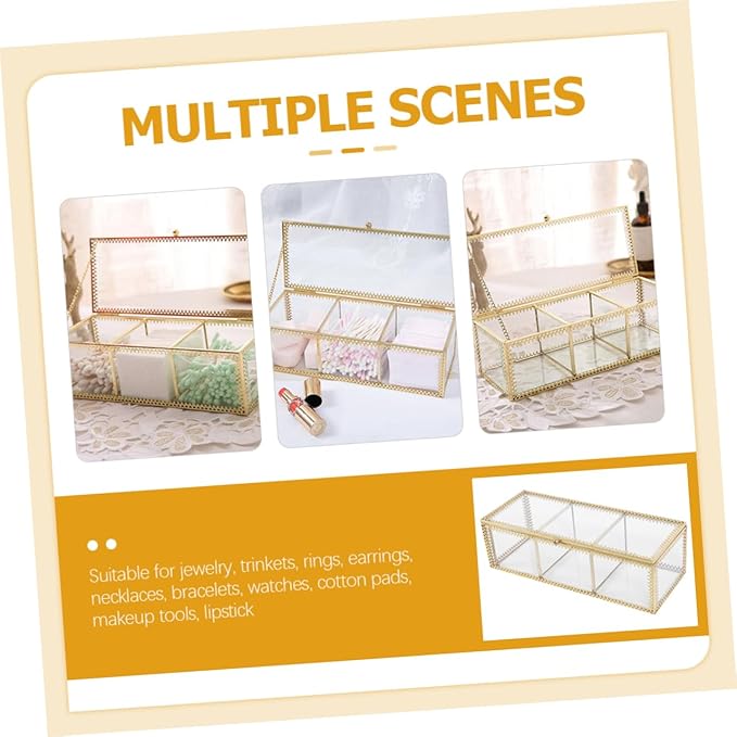 POPETPOP Glass Jewelry Box with Metal Frame Compartments Makeup Organizer and Desk Storage Dustproof Vanity Organizer for Rings Earrings Necklaces Bracelets Watches and Cosmetics