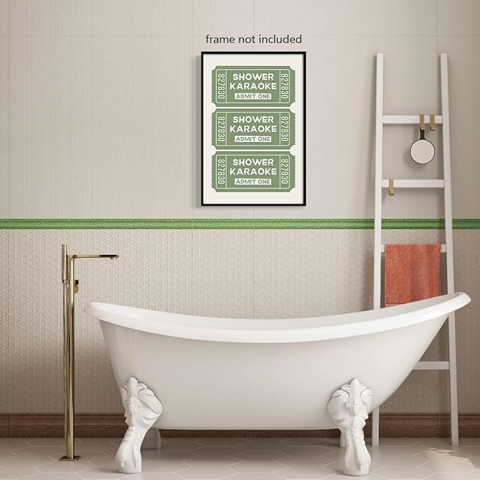 abrtolpffo Sage Green Shower Karaoke Wall Art, Trendy Admit One Ticket Canvas Poster, Funny Bathroom Wall Art Print, Cute Quotes Wall Decor for Restroom Guestroom 16x24in Unframed