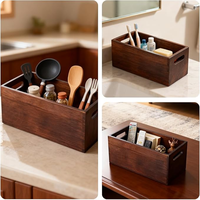 2 Pcs Wooden Nesting Crates with Handle, Rustic Decorative Stackable Cube Wooden Storage Boxes, Farmhouse Brown Natural Solid Wood Crate Box 2 Size for Party Home Table Decoration Display
