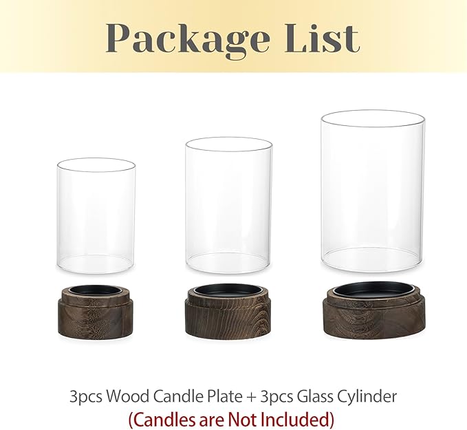Hewory Hurricane Glass Candle Holder : Set of 3 Rustic Brown Candle Holders for Pillar Candles, Vintage Decorative Wood Stand with Clear Glass for Weddings,Christmas,Table Centerpiece,Home Decor